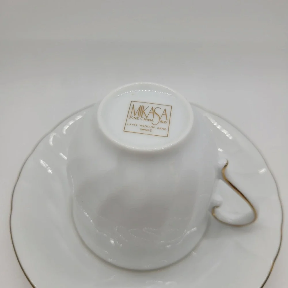 Mikasa Wedding Band Tea Cup Saucer Set Gold Trim White Fine China Japan